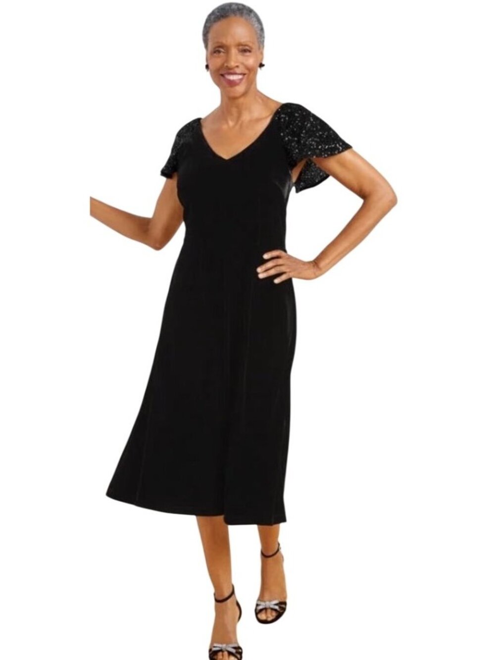 Talbots Sequin Sleeve Black Velvet Dress Petite Size 12P Elegant Midi Evening